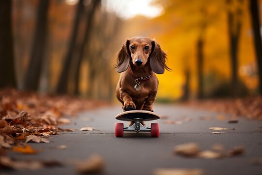A dog rides a skateboard in autumn park. Brown long - haired dachshund is having fun, an active athletic agile dog. Generative AI.