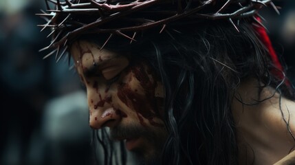 Jesus experiences pain while wearing crown of thorns. Jesus led to suffering through scourging with torment of crown of thorns. Jesus bowed head as savior endures great pain with scourging world