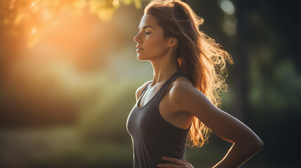 A pretty woman meditates with mountains view. Girl with closed eyes tries to relax. Wears sport suit. Yoga and fitness concept. Sunset or sunrise time. Ai generative.