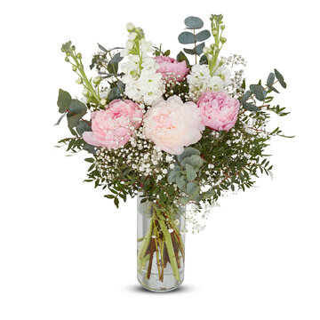 Fresh Bouquet of flowers in a glass vase cut out isolated transparent background