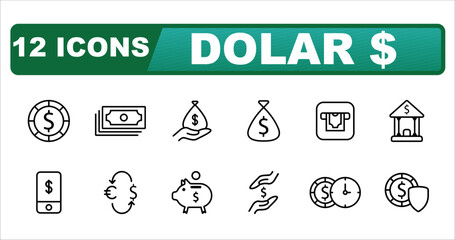 Dollar icons, finance, investment outline icons collection.