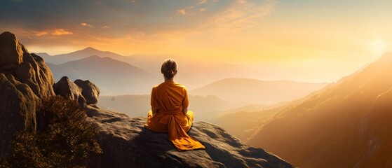 Obraz premium Blick ins Tal: Junge Frau findet Frieden in der Bergmeditation