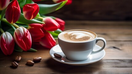 Liebesgenuss: Kaffee und rote Tulpen für romantische Artikelbilder