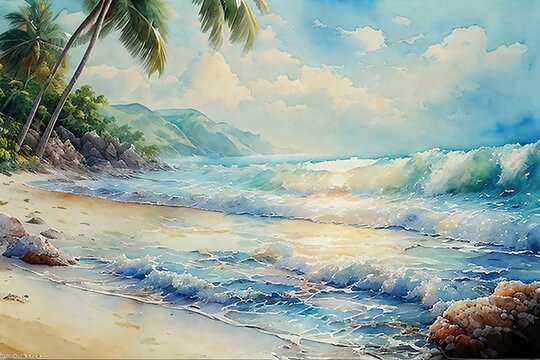 Illustration of the sea and palm trees on the shore in watercolor technique.