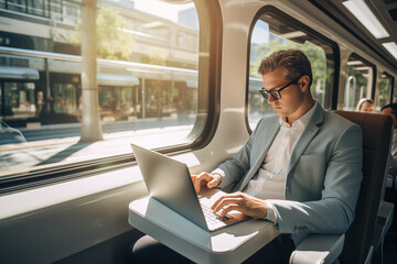 Business man working in train with a laptop, going to work, generative AI.