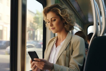Business woman travelling to work meeting, using mobile phone, generative AI. - 680578121