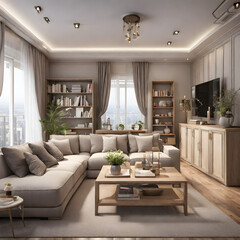 Fototapeta premium romantic style big apartment veranda sofa, picture frame, air purifier, and bookshelf Generative AI