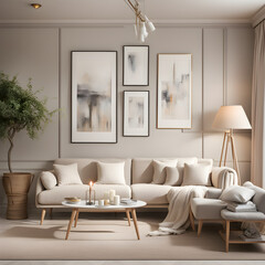 romantic style big apartment veranda sofa, picture frame, air purifier, and bookshelf Generative AI