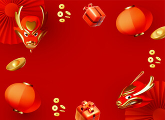 Fototapeta premium Happy Chinese New Year 2024 Dragon. 3D Zodiac sign. Asia holiday design template. Chinese text means 
