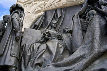 Gyula Andrassy statue close up of the bronze relief of the Coronation of 1867, in central Budapest,...