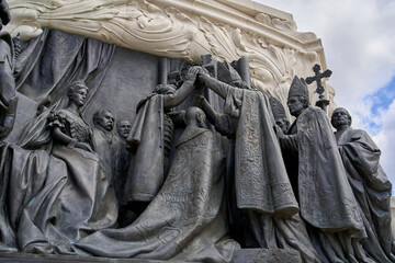 Gyula Andrassy statue close up of the bronze relief of the Coronation of 1867, in central Budapest, Hungary.