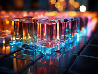 An abstract background with a close-up shot of a glossy crystal block displaying multicolored gradient reflection on a blurred mirror surface.