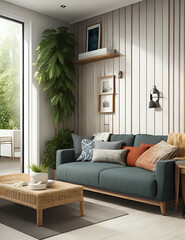 Modern Cozy Living Room with Green Sofa and Plants