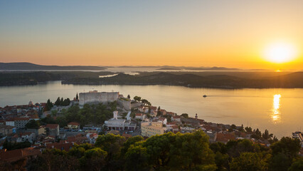 Evening view from above the old town of Sibenik in Croatia from the St. Michael's fortress.