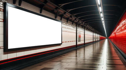 Long subway tunnel with white billboard and striking red accents. Perspective and advertising design concept Generative AI - obrazy, fototapety, plakaty