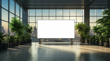 Sunlit airport corridor with blank mockup poster and vibrant green plants. Sustainable design. Generative AI