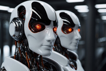 White cyborg robot scientist, dynamic movement, experience with cybernetic intelligence. A young android robot in production, An ominous humanoid robot, an adversary set to challenge human