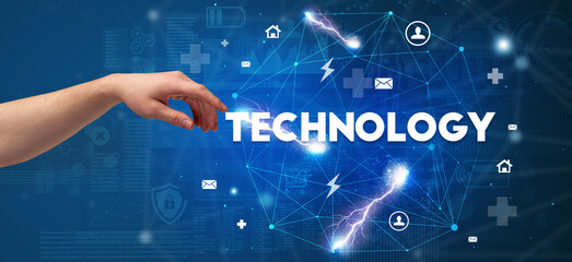 Hand pointing at inscription concept