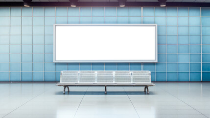 Futuristic airport with blank blue-hued mockup billboard and sleek seating. High-tech environment. Generative AI