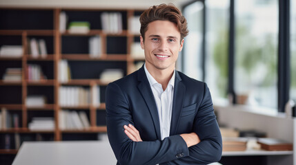 Fototapeta premium Portrait of handsome man. European Businessman in formal suit. Business success concept. Office background. Guy smiles and look at the camera. Ai generative.