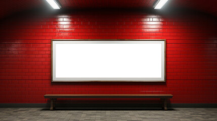 Subway station's vivid red brick wall with empty framed billboard and wooden bench. Generative AI