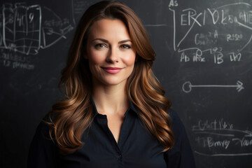 Portrait of a young teacher near the blackboard in a university classroom. A mature math teacher at school. the concept of development and knowledge. Female teacher