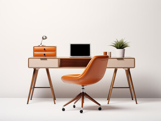 3D image of office desk and chair. Minimalist style isolated on a white background. There is a small flower plant in a vase as an ornament.