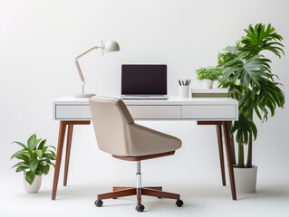 3D image of office desk and chair. Minimalist style isolated on a white background. There is a small flower plant in a vase as an ornament.