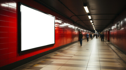 Underground subway tunnel with vibrant red walls and large advertisement. Deep perspective and...