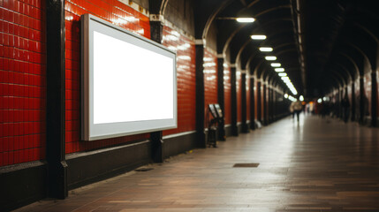 Subway station archway with red tiles and empty advertisement board. Symmetry and urban design concept Generative AI