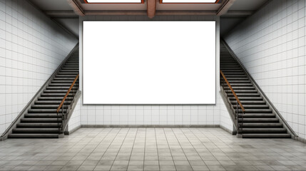 White tiled metro station with blank ad space and dual staircases. Urban commute concept. Generative AI - obrazy, fototapety, plakaty