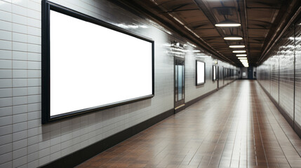 Subway station interior with empty advertising billboard and reflective floor. Clean public space. Generative AI