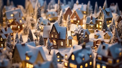 Snow-Covered Miniature Village with Illuminated Cottages