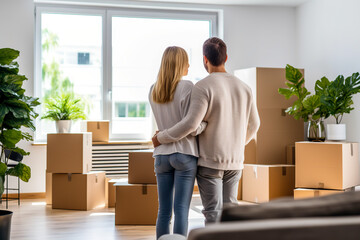 Young couple and unpacking boxes in new home on moving day. Concept of mortgage, family, real estate and home loan - obrazy, fototapety, plakaty