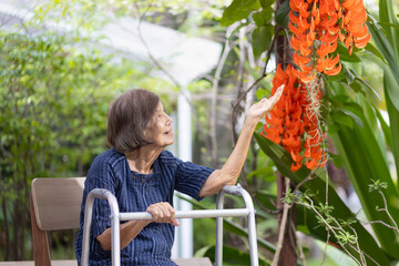 Smiling elderly woman in garden. Happy senior woman sitting on terrace with red jade vine flowers...