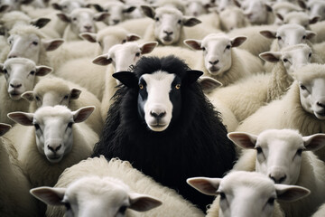 A black sheep stands out among a flock of white sheep.