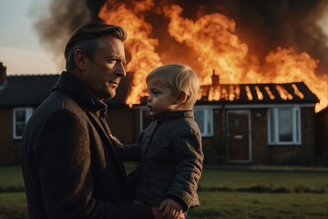Portrait of an adult man with a child in despair, a sad look, the ruins of a house in the background, flames and smoke from a fire. Tense scene: a family without an apartment. home loss concept - obrazy, fototapety, plakaty