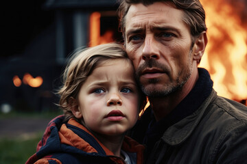 Fototapeta premium Portrait of an adult man with a child in despair, a sad look, the ruins of a house in the background, flames and smoke from a fire. Tense scene: a family without an apartment. home loss concept