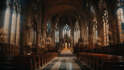 Fototapeta premium a breathtaking image of a majestic cathedral with towering spires, intricate stained glass windows, and ornate architectural details - AI Generative