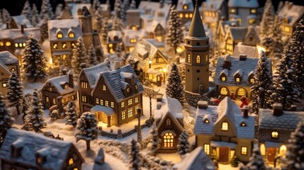 Fototapeta na wymiar Artistic Model of a Wintry Village at Dusk with Glowing Lights