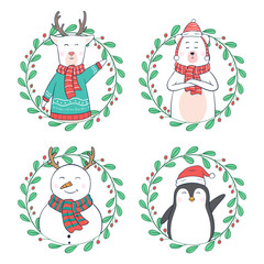 christmas cartoon character with circle floral frame 