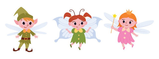 Cartoon fairies characters. Cute fantasy mascots, fairy with wings flat vector illustration set. Funny elves