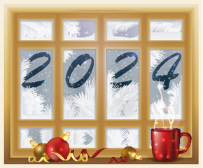 Happy New 2024 year, Winter background with Cup of coffee, vector illustration