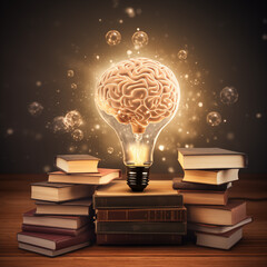 Glühbirne mit Gehirn und Büchern - Design für Ideen, Studium, Lernen, Fortbildung, Weiterbildung - obrazy, fototapety, plakaty