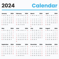 Corporate design 2024 calendar template, week starts on sunday