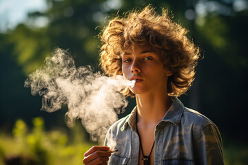 Young man beard smokes cigarette or tobacco. Guy is addicted to cigarettes and always smokes lot of tobacco every day. He smokes cigarette outdoors on background of lake in park. Cool guy blows smoke