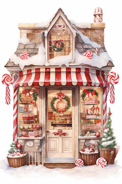 Vintage Christmas sweet shop exterior, with lots of festive candies, snow on the ground. Digital illustration with white background.