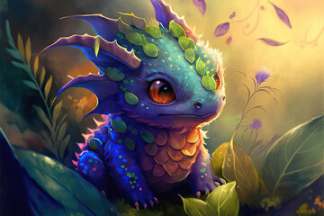 Fototapeta na wymiar Cute baby colorful fantasy dragon with glowing orange eyes among the leaves in the glowing background, Year of the Dragon, Generative AI