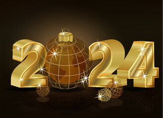 New 2024 year vip card with xmas ball Planet Earth, vector illustration