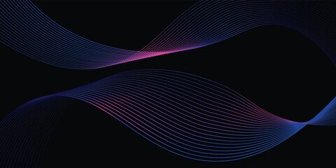 Dark abstract background with glowing wave. Shiny moving lines design element. Modern purple blue gradient flowing wave lines. Futuristic technology concept. Vector lines waves abstract background